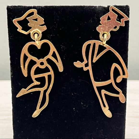 Vintage Jewelry - Artisan Vintage Gold Tone Eclectic Man and Woman Earrings